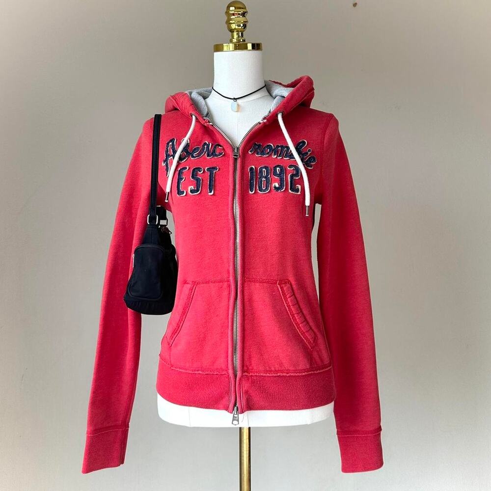 2000s Abercrombie & Fitch Women's Medium Orange Fitted Preppy Zip Up Hoodie